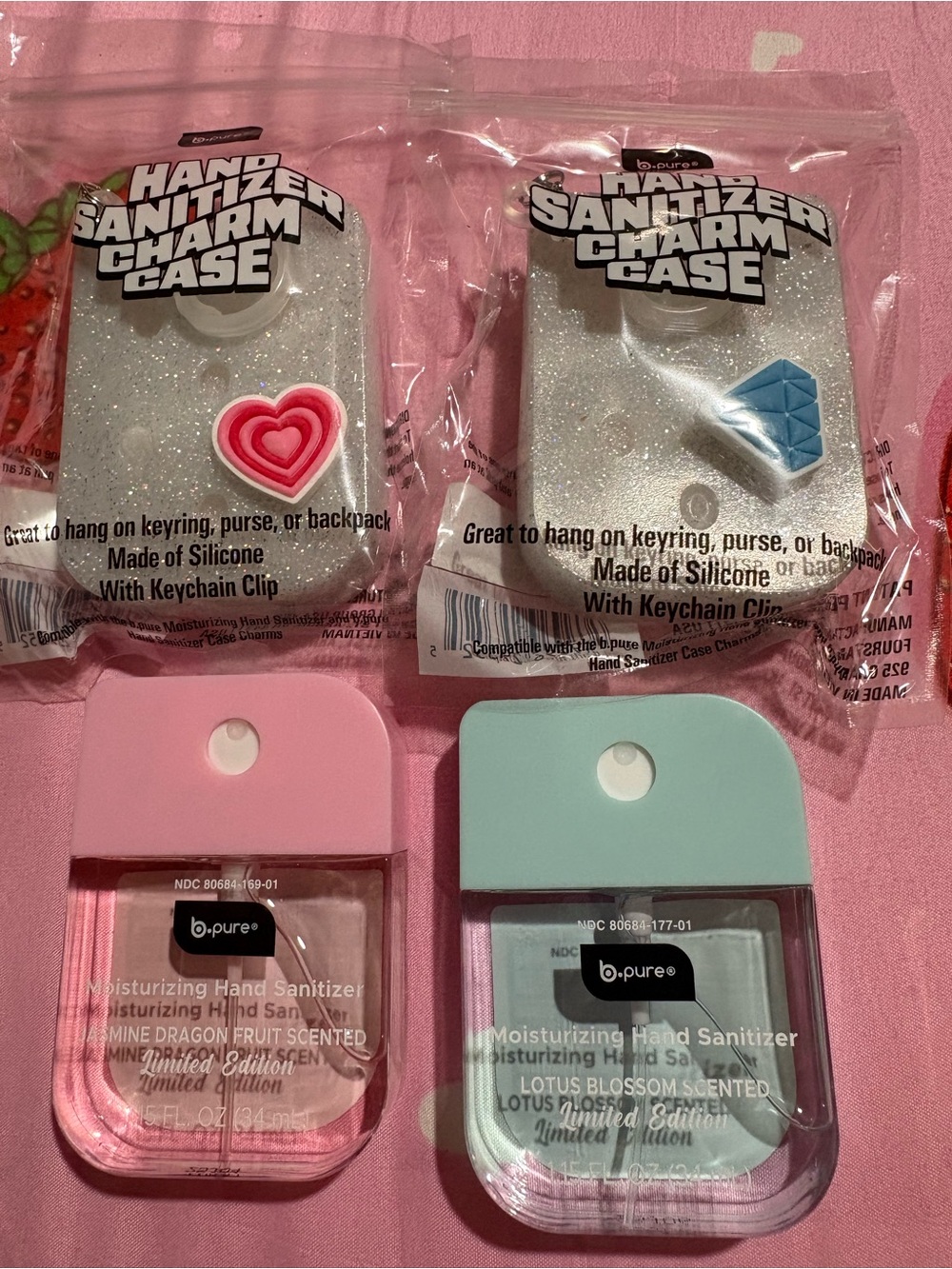 Moisturizing Hand Sanitizer Set — Pink & Mint Silicone Charm Cases